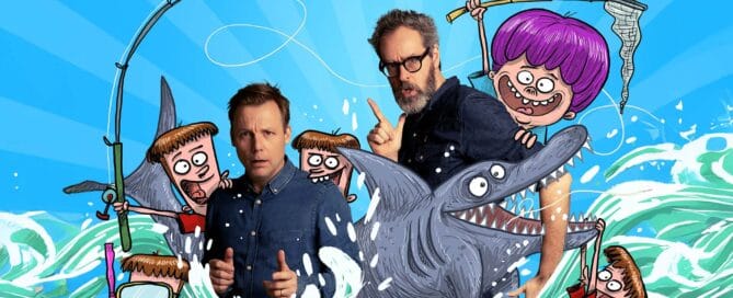 Mugge & Femlingerne - Hajen på trampolinen – Et comedyshow for hele familien! På Teaterbygningen i Køge lørdag 11. april 2026.